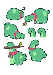 Rule 34 | ..., animal collar, chibi, collar, colored skin, cropped head, dinosaur, green skin, heart, highres, mouth hold, no humans, original, pee, pinstachiio, simple background, sleeping, snail, tail, tail wagging, white background, zzz