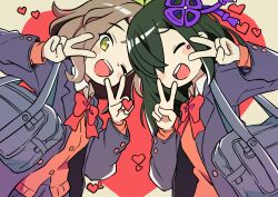bag black_jacket blazer bow brown_hair brown_sweater double_v green_hair hair_ornament hair_over_one_eye heart jacket kugui_(world_flipper) long_sleeves mwm5 one_eye_closed open_mouth red_bow ryouki_(world_flipper) school_bag school_uniform short_hair sweater v world_flipper yellow_eyes