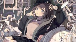 1girl beige_sweater black_hat black_jacket black_skirt blue_eyes brown_hair clock crack fork hand_in_own_hair hat highres indoors industrial_pipe jacket jewelry knife long_sleeves looking_up mirror necklace original parted_lips plaid_clothes plaid_skirt quartz_(gemstone) short_hair sitting skirt solo sweater tokiwata_soul turtleneck wheel