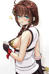 1girl ahoge aqua_eyes arthur_ko bikini bikini_under_clothes black_gloves black_skirt blush braid breasts brown_hair commentary_request condom cropped downblouse fingerless_gloves gloves gold_bikini hair_ornament hair_over_shoulder heart highres holding holding_condom kantai_collection looking_at_viewer medium_breasts open_mouth shigure_(kancolle) shirt sideboob sidelocks skirt sleeveless sleeveless_shirt smile solo swimsuit white_shirt