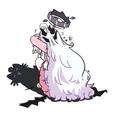 1girl ahoge blue_archive cat_shadow_puppet commentary demon_girl demon_horns demon_wings double_w dress e_v_e_neko fluffy_hair from_behind greyscale highres hina_(blue_archive) hina_(pajamas)_(blue_archive) horns meme monochrome pink_dress shadow solo squatting symbol-only_commentary w white_hair wings