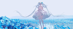 1girl bare_shoulders barefoot blue_flower blunt_bangs ceey closed_mouth dress field flower flower_field hair_flower hair_ornament highres jinhsi_(wuthering_waves) long_hair looking_at_viewer see-through_clothes see-through_dress skirt_hold solo twintails very_long_hair white_dress white_eyes white_hair wuthering_waves