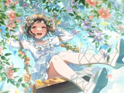 1girl :d bang_dream! blurry blush brown_eyes brown_hair choker cloud cross-laced_clothes day depth_of_field dress earrings falling_petals floral_print flower footwear_flower frilled_dress frills hair_flower hair_ornament hands_in_own_hair hazawa_tsugumi jewelry long_sleeves official_art on_swing open_mouth petals see-through_clothes see-through_frills shoes short_hair sky smile solo swing swinging_on_swing third-party_source white_dress white_shoes