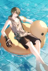 Rule 34 | 1boy, absurdres, black shorts, claws, closed mouth, eve (meltdown), green eyes, grey jacket, grey shirt, highres, honkai (series), honkai impact 3rd, innertube, jacket, jewelry, kosma, looking at viewer, male focus, necklace, orange eyes, outdoors, pool, shirt, short hair, shorts, sleeveless, sleeveless jacket, sleeveless shirt, solo, summer, swim ring, tile floor, tiles, water, wet