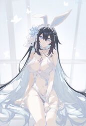 1girl absurdres adapted_costume animal_ears bandaged_leg bandages blue_eyes blue_hair breast_tattoo breasts clothing_cutout colored_inner_hair covered_navel fake_animal_ears flower hair_flower hair_ornament highres honkai_(series) honkai_impact_3rd large_breasts leotard long_hair missing_commentary multicolored_hair playboy_bunny pmg rabbit_ears seele_vollerei seele_vollerei_(herrscher_of_rebirth) sitting smile solo stomach_cutout tattoo two-tone_hair very_long_hair white_leotard