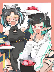 2girls animare bare_shoulders blue_eyes bra_strap broken_horn china_dress chinese_clothes collarbone demon_girl demon_horns dress green_hair grey_dress grey_hair highleg highleg_panties highres horns jacket jacket_on_shoulders leg_strap looking_at_viewer multicolored_hair multiple_girls nanashi_inc. off-shoulder_sweater off_shoulder open_mouth orange-tinted_eyewear orange-tinted_glasses oura_rukako oura_rukako_(2nd_costume) panties plate pointy_ears pot red_eyes round_eyewear shishio_chris short_shorts shorts simple_background smile sugar_lyric sunglasses sweater thigh_strap tinted_eyewear tomatojam underwear virtual_youtuber