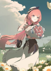Rule 34 | 1girl, absurdres, blue eyes, blue sky, bouquet, breasts, butter, carrying bag, cleavage, cloud, cloudy sky, detached sleeves, dress, elf, elysia (honkai impact), elysia (miss pink elf) (honkai impact), flower, food, grass, guantoumao-0, hair between eyes, hand in own hair, highres, holding, holding bouquet, honkai (series), honkai impact 3rd, long hair, nature, pink hair, pink pupils, pointy ears, short sleeves, sky, solo, sunflower, tilted headwear, very long hair, white dress, white hair