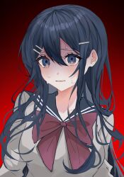 1girl absurdres blue_eyes blue_hair bow bowtie danganronpa:_trigger_happy_havoc danganronpa_(series) hair_between_eyes hair_ornament hairclip highres hotaboshi_yazuki long_hair long_sleeves maizono_sayaka red_background red_bow red_bowtie school_uniform serafuku shirt simple_background solo sweat upper_body white_shirt yaduki100