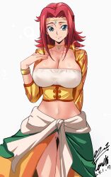 1girl artist_name blue_eyes breasts code_geass dated female_focus highres kouzuki_kallen large_breasts looking_at_viewer official_alternate_costume red_hair simple_background tagme white_background yoo_tenchi
