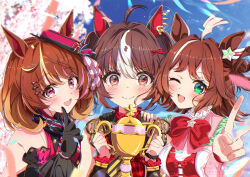 Rule 34 | 3girls, :d, ;d, absurdres, ahoge, animal ears, black gloves, brown hair, closed mouth, commentary request, commission, doyagao, ear covers, gloves, gran alegria (umamusume), highres, holding, holding trophy, horse ears, horse girl, juri-arima, looking at viewer, multicolored hair, multiple girls, north flight (umamusume), one eye closed, open mouth, rhein kraft (umamusume), short hair, skeb commission, smile, smug, streaked hair, trophy, umamusume, upper body, v