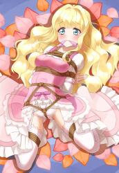 1girl arms_behind_back bdsm bed bed_sheet blonde_hair blue_eyes blunt_bangs blush bondage bound bound_arms bound_legs bound_thighs bound_torso bow bowtie breasts cleave_gag cloth_gag clothes_lift crotch_rope dress dress_lift elianna_bernstein embarrassed fingernails frilled_dress frills gag gagged garter_straps highres improvised_gag indoors lace lace-trimmed_legwear lace_trim layered_dress long_hair long_sleeves medium_breasts mukanata mushikaburi-hime panties pink_dress rope shibari skindentation solo solo_focus tearing_up tears thighhighs underwear very_long_hair white_panties white_thighhighs