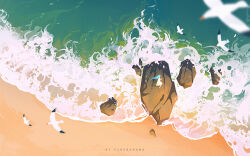 artist_name beach bird blurry day from_above huhv. no_humans ocean original outdoors rock sand seagull solo water watermark waves