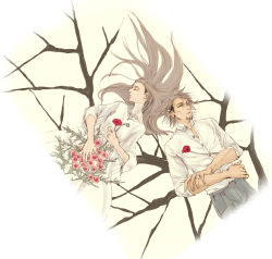 Rule 34 | 10s, 1boy, 1girl, bad id, bad pixiv id, bouquet, brown hair, closed eyes, couple, facial hair, floating hair, flower, hair floating upwards, hetero, husband and wife, kaburagi t. kotetsu, kaburagi tomoe, long hair, oro (sumakaita), sleeping, stubble, sumakaita, tiger &amp; bunny, turtleneck