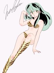 Rule 34 | 1girl, animal print, aqua hair, bikini, boots, breasts, commentary, cone horns, full body, highres, horns, knee boots, long hair, looking at viewer, lum, mendako da, navel, pointy ears, print bikini, print boots, sidelocks, signature, solo, swimsuit, tiger print, urusei yatsura