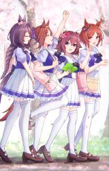 4girls absurdres animal_ears arm_up back_bow basket blue_eyes bow bowtie brown_hair brown_shoes cherry_blossoms closed_eyes ear_covers ear_scrunchie facing_ahead flower flower_in_eye from_side full_body hair_between_eyes hair_flaps hair_flower hair_intakes hair_ornament hairband highres holding holding_notebook horse_ears horse_girl horse_tail horseshoe_ornament index_finger_raised large_bow leg_up loafers long_braid long_hair multiple_girls notebook pink_bag pink_scrunchie pleated_skirt ponytail puffy_short_sleeves puffy_sleeves purple_bow purple_bowtie purple_eyes purple_shirt sailor_collar sailor_shirt sakura_bakushin_o_(umamusume) sakura_chitose_o_(umamusume) sakura_chiyono_o_(umamusume) sakura_laurel_(umamusume) sarasuty school_uniform scrunchie shirt shoes short_hair short_sleeves skirt symbol_in_eye tail thighhighs tracen_school_uniform umamusume victory_club_(umamusume) white_skirt white_thighhighs