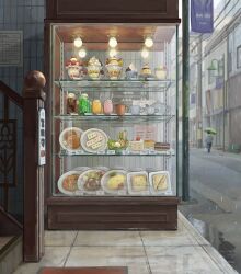 1other absurdres bread bread_slice cake cake_slice chocolate_cake commentary_request cup cupboard dessert display_case doormat drink drinking_straw food food_focus food_request fruit gelatin glass handrail highres ice_cream ketchup lamppost light_bulb omelet omurice original outdoors paddle parfait pasta plate pudding rain salad sandwich solo spaghetti strawberry strawberry_parfait strawberry_shortcake teacup toast utaka_(anyoanyot) utility_pole vegetable