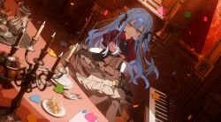 1girl absurdres ascot bang_dream! bang_dream!_it&#039;s_mygo!!!!! birthday black_ascot black_bow black_corset black_skirt black_wrist_cuffs blue_brooch blue_hair blunt_bangs bow braid candle closed_mouth collared_shirt confetti corset dining_room dutch_angle eyelashes feet_out_of_frame fire fireplace food fork frilled_skirt frilled_wrist_cuffs frills fruit gleam grapes grey_pantyhose hair_between_eyes hair_bow happy highres indoors instrument keyboard_(instrument) knees knife long_hair miniskirt napkin oblivionis_(bang_dream!) on_chair pantyhose plate pleated_skirt puffy_short_sleeves puffy_sleeves red_shirt sakuraihum shirt short_sleeves sitting skirt skirt_hold smile solo spoon togawa_sakiko tsurime twin_braids two_side_up very_long_hair wavy_hair white_fire wrist_cuffs yellow_eyes