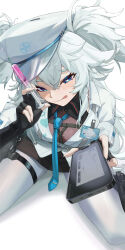 1girl absurdres blue_necktie crossed_bangs fingerless_gloves florence_(girls&#039;_frontline_2) game_screenshot_inset girls&#039;_frontline girls&#039;_frontline_2:_exilium gloves haohaomaster hat heart heart-shaped_pupils highres holding holding_phone holding_syringe licking_lips long_hair looking_at_viewer necktie nurse nurse_cap pa-15_(girls&#039;_frontline) phone sitting smile solo symbol-shaped_pupils syringe thigh_strap tongue tongue_out two_side_up wariza white_background white_hair