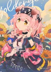 1girl :o animal_ears arknights artist_name black_coat black_skirt blue_bow blue_sky bow braid braided_ponytail breasts bright_pupils character_name clenched_hand cloud coat crowbizbits cumulonimbus_cloud day dog_ears double-parted_bangs falling_petals field floppy_ears flower flower_field framed_breasts goldenglow_(arknights) hair_bow hair_over_shoulder hairband hand_up high-waist_skirt highres lanyard light_particles lightning_bolt_print long_sleeves looking_at_viewer open_clothes open_coat orange_eyes outdoors parted_lips petals pink_coat pink_hair pocket print_hairband scissors skirt sky small_breasts solo sunflower upper_body white_pupils wristband yellow_petals