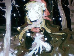 Rule 34 | 1girl, :d, aqua eyes, blonde hair, braided sidelock, brown jacket, dark background, flower, forest, gloves, hair flower, hair ornament, headscarf, highres, jacket, long hair, looking at viewer, nature, night, open mouth, red scarf, reverse:1999, scales, scarf, smile, snow, solo, tree, upper body, very long hair, vila (reverse:1999), white flower, white gloves, zhizhizi