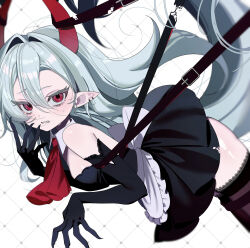 1girl ascot black_dress black_gloves blue_hair bound breasts brown_thighhighs clenched_teeth commentary_request demon_girl demon_horns detached_collar double-parted_bangs dress dutch_angle ear_piercing elbow_gloves eyelashes fingernails floating_hair frilled_gloves frills from_side gloves grid_background hair_between_eyes hair_intakes highres horns kote1 lace lace-trimmed_thighhighs lace_trim long_fingernails long_hair long_hair_between_eyes looking_at_viewer medium_breasts microdress nocturne_(kote1) original piercing pointy_ears raised_eyebrows red_ascot red_eyes red_horns sharp_fingernails shiny_skin simple_background solo strap sweatdrop teeth thighhighs tied_up_(nonsexual) torn_straps tsurime turning_head upturned_eyes zettai_ryouiki