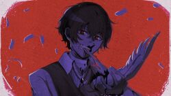 Rule 34 | 1boy, animal, bandaged neck, bandages, bird, black blood, black eyes, black hair, black vest, blood, blood on clothes, blood on mouth, border, brooch, bungou stray dogs, canvas texture, clenched teeth, collared shirt, crossed bangs, dazai osamu (bungou stray dogs), double-parted bangs, dove, eating, falling feathers, feathers, highres, holding, holding animal, holding bird, jewelry, looking at viewer, male focus, multiple monochrome, pikpip, red background, red pupils, ripping, shirt, short hair, solo, sparkling eyes, teeth, torn wings, upper body, vest, white border, white shirt, wing biting, wings