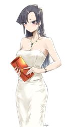 1girl armpits asymmetrical_hair asymmetrical_sidelocks bag bare_arms bare_shoulders black_eyes black_hair blush bracelet breasts cleavage collarbone dress earrings eyelashes floating_earrings highres holding holding_bag jewelry komi-san_wa_komyushou_desu komi_shouko large_breasts long_dress long_hair looking_at_viewer mitsugu necklace red_bag sidelocks signature silver_bracelet simple_background sleeveless sleeveless_dress solo strapless strapless_dress white_background white_dress