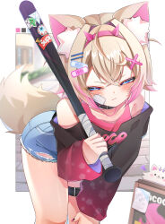 Rule 34 | 1girl, absurdres, alternate costume, animal ear fluff, animal ears, bare shoulders, baseball bat, bent over, black shirt, blonde hair, blue eyes, blue shorts, blurry, blurry background, blush, border, collarbone, delinquent, denim, denim shorts, dog ears, dog girl, dog tail, doom yorusen, hairband, highres, holding, holding baseball bat, hololive, hololive english, mococo abyssgard, multicolored hair, off-shoulder shirt, off shoulder, outside border, perroccino (fuwamoco), pink hair, pink hairband, shirt, short hair, short shorts, shorts, solo focus, spiked hairband, spikes, tail, thigh strap, torn clothes, torn shorts, two-tone hair, two side up, virtual youtuber, white border