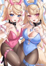 2girls :d animal_ears bare_shoulders black_collar blonde_hair blue_eyes blue_hair blue_leotard blue_nails breasts brown_pantyhose cleavage collar commentary cotton_noir covered_navel dog_ears dog_girl english_commentary fake_animal_ears fuwawa_abyssgard hair_ornament hairclip highleg highleg_leotard highres hololive hololive_english large_breasts leotard long_hair mococo_abyssgard multicolored_hair multiple_girls nail_polish open_mouth pantyhose pink_eyes pink_leotard pink_nails playboy_bunny rabbit_ears siblings smile streaked_hair thigh_strap thighs twins virtual_youtuber white_background