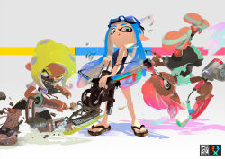 aqua_eyes aqua_hair aqua_trim barazushi_(splatoon) barazushi_wrap_(splatoon) black_leggings black_shorts blobmob_flip-flops_(splatoon) blonde_hair blue_tank_top boots brown_boots bulbz_tri-stringer_(splatoon) capri_pants cmyk collared_shirt colored_tips commentary_request dark-skinned_female dark-skinned_male dark_skin digi-camo_forge_mask_(splatoon) dress_shirt dual_wielding emberz_(splatoon) enperry_(splatoon) eyebrow_cut flip-flops glassless_glasses_(splatoon) goggles goggles_on_head gradient_hair green_eyes green_stripes grey-framed_eyewear grey_pants grey_shawl highres holding ink inkling inkling_boy inkling_girl inkling_player_character inoue_seita knee_boots lace-up_boots leggings lensless_glasses logo logo_print long_shirt looking_at_viewer mask mouth_mask multicolored_hair navy_king_tank_(splatoon) new-day_arrows_(splatoon) nintendo octoling octoling_girl octoling_player_character official_art on_one_knee open_mouth pants parted_bangs pointy_ears ponytail print_mask print_sandals print_tank_top promotional_art rubble sandals second-party_source shadow shawl shirt shoe_soles shoes short_ponytail short_shorts short_sleeves shorts simple_background smile sneakers spiked_duck_boots_(splatoon) splatana_wiper_rus-t_(splatoon) splatoon_(series) splatoon_3 striped_clothes striped_shirt striped_sleeves suction_cups swim_goggles swim_goggles_(splatoon) tank_top tassel tentacle_hair text_print thick_eyebrows twinklez_splat_dualies_(splatoon) two-tone_hair upside-down v-shaped_eyebrows vertical-striped_clothes vertical-striped_shirt vertical-striped_sleeves white_background white_shirt white_sleeves wing_collar yellow_eyes