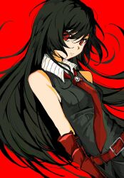 1girl akame_(akame_ga_kill!) akame_ga_kill! belt belt_buckle black_hair black_vest buckle chinese_commentary closed_mouth collared_shirt commentary_request elbow_gloves eyelashes gloves hair_between_eyes highres long_hair red_background red_belt red_eyes red_gloves shirt solo tuitangguxuanshou upper_body vest white_shirt