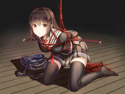 1girl absurdres arms_behind_back bag ball_gag bdsm black_hair black_serafuku black_shirt black_skirt black_thighhighs blouse bondage bound bound_arms bound_wrists box_tie brown_eyes dark_background female_focus full_body gag gag_around_neck highres katana kneeling legs_apart long_hair long_sleeves looking_at_viewer neckerchief no_shoes on_floor original parted_lips pleated_skirt red_eyes red_neckerchief rope scabbard school_bag school_uniform serafuku sheath sheathed shibari shibari_over_clothes shirt sidelocks skirt solo sword thighhighs unworn_gag weapon wiffle_gag wooden_floor x-red_flower zettai_ryouiki