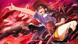 1girl :d black_boots boots brown_hair brown_hat brown_wings copyright_notice cowboy_hat feathered_wings fingernails floating_hair hair_between_eyes hat kurokoma_saki lips long_hair looking_ahead official_art open_mouth pointing purple_shirt red_eyes red_shirt shirt skirt smile solo syuri22 teeth touhou touhou_gensou_eclipse two-tone_shirt very_long_hair wings wolf_spirit_(touhou) yellow_skirt