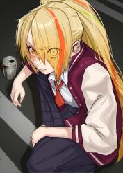 Rule 34 | 1girl, angry, blonde hair, blouse, blue skirt, buttons, can, closed mouth, collared shirt, commentary, dress shirt, drink can, from above, full body, green hair, grey jacket, haishima xv, hand on own leg, high ponytail, highres, jacket, letterman jacket, long bangs, long hair, long skirt, looking at viewer, multicolored hair, multicolored jacket, necktie, nikaidou saki, one eye covered, orange eyes, orange hair, orange necktie, outdoors, ponytail, red jacket, road, shadow, shirt, skirt, solo, squatting, streaked hair, swept bangs, two-tone jacket, v-shaped eyebrows, white shirt, zombie land saga