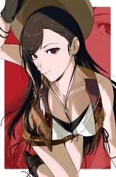 1girl amikoiiko arm_up bare_shoulders birthday black_boots black_gloves black_shirt boots border breasts brown_hair brown_hat brown_skirt cleavage closed_mouth collarbone commentary cowboy_fringe cowboy_hat crisis_core_final_fantasy_vii earrings eyelashes final_fantasy final_fantasy_vii final_fantasy_vii_rebirth final_fantasy_vii_remake gloves hashtag-only_commentary hat highres jewelry large_breasts long_hair looking_to_the_side miniskirt outside_border piercing red_eyes shirt sideways_glance skirt smile solo tifa_lockhart tifa_lockhart_(cowgirl) vest white_border white_shirt