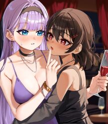 2girls alcohol alexandra_viktorovna_dashkova_(tukikagerou) bare_shoulders black_dress blue_eyes blush breasts brown_hair cleavage commentary_request commission cup curtains dark-skinned_female dark_skin dress drinking_glass earrings hair_ornament hairclip highres holding holding_cup indoors jewelry large_breasts long_hair multiple_girls open_mouth original parted_lips purple_dress purple_hair red_eyes red_wine sharifah_ozdil_(tukikagerou) short_hair skeb_commission sweatdrop tai_saka wine wine_glass