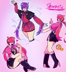 1girl boots breasts cleavage cleavage_cutout clothing_cutout curvy dress electricity female_focus fishnets fluffy from_behind heart huge_breasts jacket large_breasts latex leather long_hair nonyoriyagami open_mouth orochi_shermie pale_skin ponytail purple_hair red_hair shermie_(kof) shiny_clothes skirt smile smiley_face the_king_of_fighters thick_thighs thighs thunder twintails wide_hips