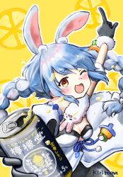 Rule 34 | 1girl, ;d, animal ear fluff, animal ears, arm up, bare shoulders, black gloves, black leotard, black pantyhose, blue hair, blush, braid, breasts, can, commentary request, detached sleeves, don-chan (usada pekora), dress, drink, elbow gloves, food, fruit, fur-trimmed dress, fur-trimmed gloves, fur trim, gloves, highres, holding, holding can, hololive, kiritoma, lemon, lemon slice, leotard, long hair, looking at viewer, multicolored hair, one eye closed, open mouth, pantyhose, puffy short sleeves, puffy sleeves, rabbit ears, red eyes, short eyebrows, short sleeves, simple background, small breasts, smile, solo, thick eyebrows, twin braids, twintails, two-tone hair, usada pekora, usada pekora (1st costume), very long hair, virtual youtuber, white dress, white hair, white sleeves, yellow background