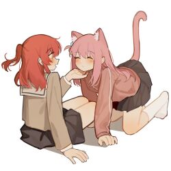 2girls animal_ear_fluff animal_ears blush bocchi_the_rock! brown_shirt cat_ears cat_girl cat_tail chin_rub closed_eyes commentary cube_hair_ornament gotoh_hitori grey_skirt hair_ornament jacket kemonomimi_mode kita_ikuyo kneehighs long_hair milktea_(gggrrr2000) multiple_girls no_shoes one_side_up open_mouth pink_hair pink_jacket red_hair school_uniform serafuku shirt shuka_high_school_uniform simple_background skirt socks tail white_background white_socks yellow_eyes