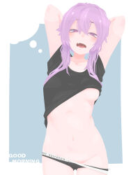 1girl absurdres accidental_exposure arms_up black_panties black_shirt blush breasts commentary_request copyright_name cowboy_shot good_morning grey_background groin hair_between_eyes half-closed_eyes hara_id_21 highres long_bangs looking_at_viewer medium_breasts navel no_lineart open_mouth panties purple_eyes purple_hair shirt short_hair_with_long_locks short_sleeves sidelocks sleepy solo squeans teeth torso_flash underboob underwear vocaloid voiceroid yawning yuzuki_yukari