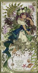 1girl :| absurdres ahoge bare_shoulders barefoot black_hair blue_eyes border closed_mouth conch dark-skinned_female dark_skin dress english_text fatutu flower flower_wreath full_body green_border grey_background hand_up head_wreath highres long_dress long_hair looking_at_viewer plant reverse:1999 shell sijiu_49 sitting solo starfish white_dress white_flower yokozuwari