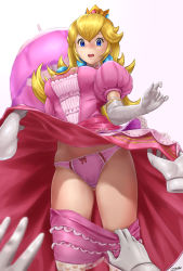 Rule 34 | 1girl, blonde hair, blush, bow, bow panties, clothes lift, clothes pull, disembodied hand, dress, embarrassed, highres, mario (series), master hand, nintendo, panties, pants, pants pull, parasol, pink dress, pink panties, princess, princess peach, skirt, skirt lift, super mario bros. 1, super smash bros., tears, umbrella, underwear, upskirt
