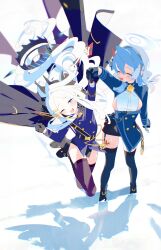 Rule 34 | 2girls, absurdres, ako (blue archive), bell, belt, black belt, black horns, blazer, blue archive, blue collar, blue eyes, blue hair, blue hairband, blue halo, bm tol, boots, breasts, coat, coat on shoulders, collar, cowbell, cuffs, demon girl, demon horns, demon wings, forehead, garter straps, gloves, grey hair, hair ornament, hairband, halo, highres, hina (blue archive), holding hands, holster, horns, jacket, jumping, long coat, multiple girls, neck bell, open mouth, parted bangs, prefect team (blue archive), purple eyes, shackles, sideboob, sideless dress, sideless outfit, sideless shirt, smile, snow, thighhighs, wings