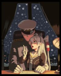 Rule 34 | 1boy, 1girl, admiral (kancolle), amatsukaze (kancolle), black choker, black dress, black jacket, choker, dress, epaulettes, fang, gloves, green eyes, grey neckerchief, hair between eyes, hair tubes, hat, highres, jacket, kantai collection, military hat, military uniform, military vehicle, neckerchief, open mouth, pen, sailor collar, sailor dress, sitting, sitting on lap, sitting on person, skin fang, smokestack hair ornament, snow, two side up, utharr, white gloves, white hat, white sailor collar, writing