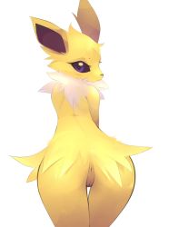 1girl animal_ears animal_nose ass b-epon black_sclera blonde_hair blush blush_stickers body_fur cleft_of_venus closed_mouth colored_sclera cowboy_shot creatures_(company) female_focus from_behind furry furry_female game_freak gen_1_pokemon highres jolteon leaning_forward looking_at_viewer looking_back neck_fur nintendo personification pokemon pokemon_(creature) purple_eyes pussy short_hair shy simple_background snout solo standing thigh_gap two-tone_fur uncensored white_background white_fur yellow_fur
