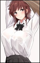 1girl amagami arms_up blush border bow breasts brown_eyes brown_hair closed_mouth framed hair_between_eyes highres kibito_high_school_uniform large_breasts light_smile long_sleeves looking_to_the_side mobu ribbon sakurai_rihoko school_uniform shirt simple_background solo standing sweatdrop undressing upper_body white_background white_shirt