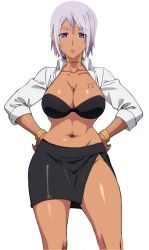 1girl black_bra bra breasts choker cleavage dark-skinned_female dark_skin hand_on_own_hip highres large_breasts miniskirt nana_bassler navel open_clothes open_shirt plunderer purple_eyes short_hair skirt tattoo third-party_edit underwear white_hair
