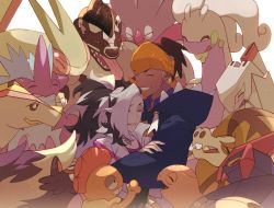 2boys black_hair black_hoodie clenched_teeth closed_eyes commentary dark-skinned_male dark_skin duraludon earrings eyeshadow flygon gen_3_pokemon gen_4_pokemon gen_5_pokemon gen_6_pokemon gen_7_pokemon gen_8_pokemon gigalith goodra highres hood hood_down hoodie hug jacket jewelry makeup malamar male_focus multicolored_hair multiple_boys nintendo obstagoon orange_headwear piers_(pokemon) pokemon pokemon_(creature) pokemon_swsh raihan_(pokemon) sandaconda scrafty skuntank smile teeth torkoal toxtricity toxtricity_(low_key) turtonator two-tone_hair white_hair zigzagdb
