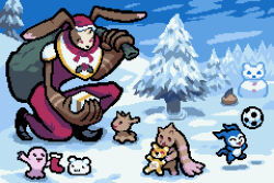 Rule 34 | andiramon (deva), chibimon, chocomon, christmas, closed eyes, digimon, digimon (creature), highres, lopmon, mochimon, monzaemon, snow, snowman, tail, tunomon, yukidarumon