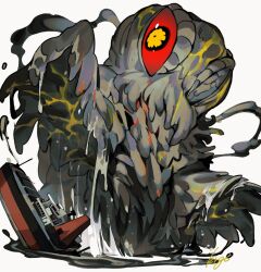 black_eyes colored_sclera giant giant_monster godzilla_(series) godzilla_vs._hedorah hedorah highres kaiju koroguchi monster no_humans one-eyed red_sclera ship signature simple_background toho water watercraft white_background